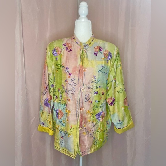 Art To Wear Colorful Floral Embroidered Shacket Glass Buttons Drapers & Damon - Picture 5 of 10